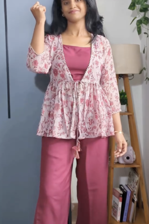 Women's Floral Printed 3-Piece Co-Ord Set – Stylish Shrug, Inner Top & Palazzo Set